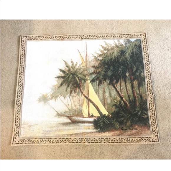 Wall hanging Tapestry PALM TREES Weavers Inc Nautical Scene wall art 40” by 34” - Picture 3 of 16